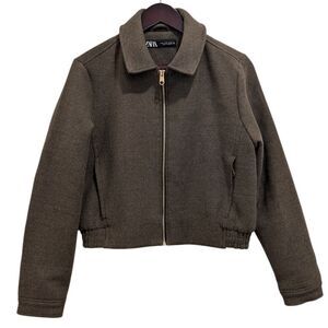 Zara Textured Cropped Bomber Jacket - Olive / Dark Khaki With Gold Zipper Size M